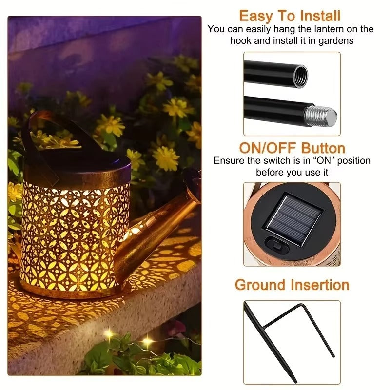 Grande lanterne rétro en métal, arrosoir solaire, lumières de douche extérieures étanches, étoile suspendue, fée LED pour décoration de jardin