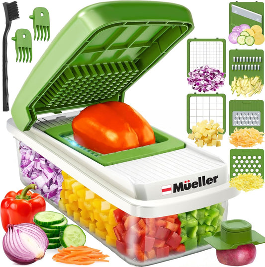 Mueller Vegetable Chopper Mandoline Slicer, Food Veggie Chopper, Cheese Grater, Onion Vegetable Cutter with Container, Dicer, Kitchen Gadgets & Essentials, White Sand/Grey